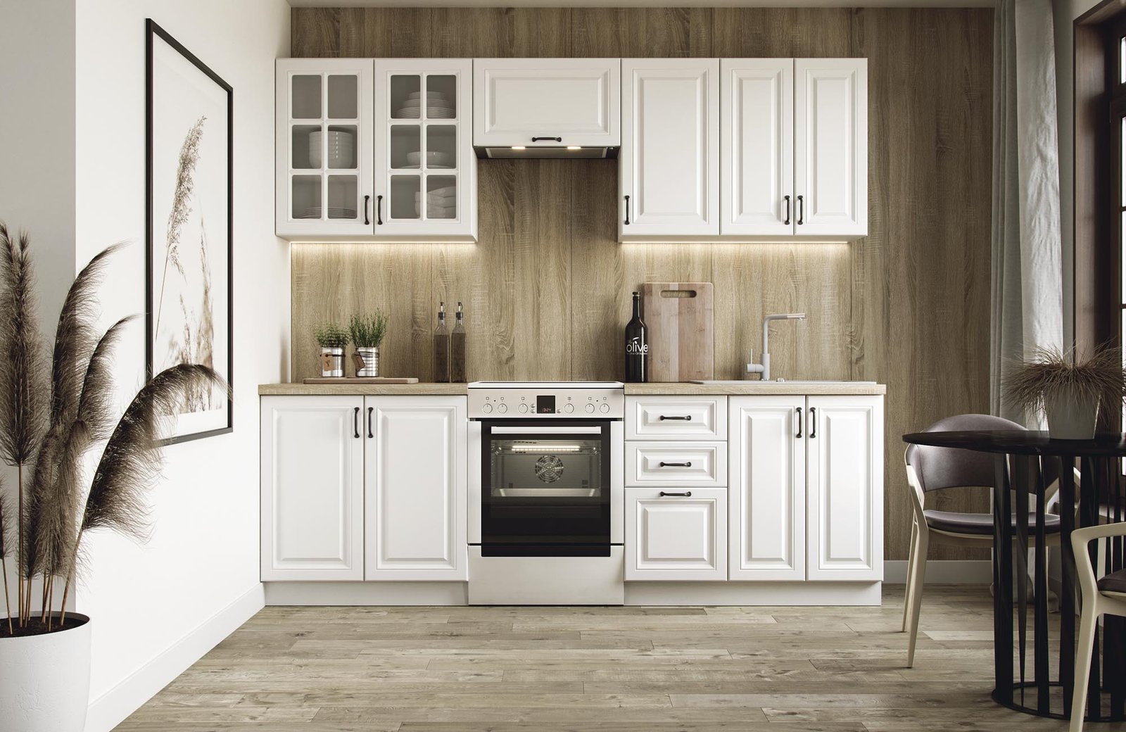 ELIZABETH 240 kitchen set, color: front part – white matt, body – white, table top – sonoma oak