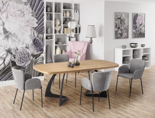VELDON extendable table, color: table top – natural oak, legs – black