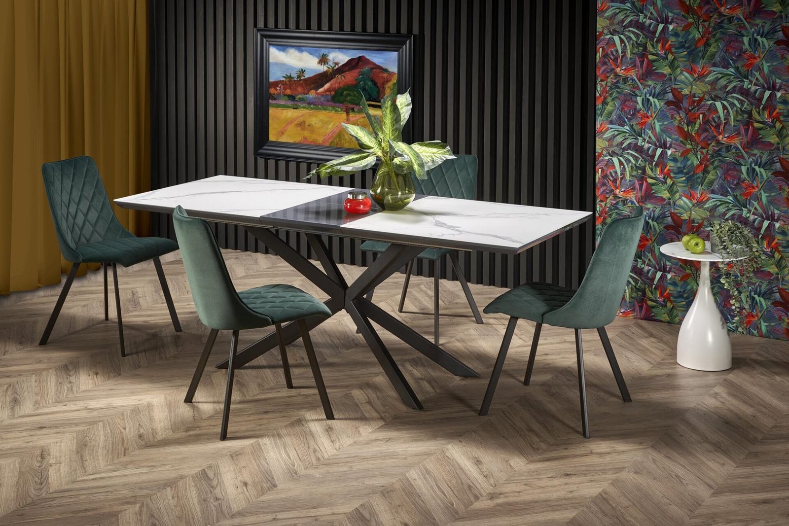 DIESEL extendable table, color: table top - white marble / dark gray, legs - black