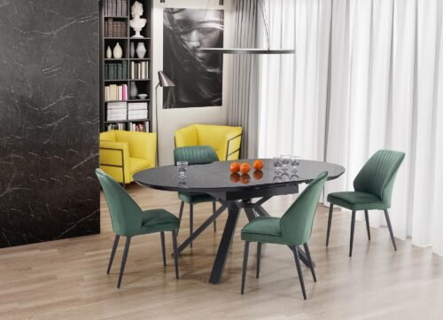 VERTIGO extendable table, color: table top – black marble, legs – black