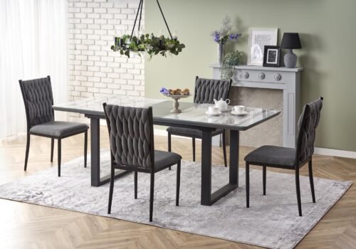 MARLEY extendable table, color: table top – white marble / gray, legs – black