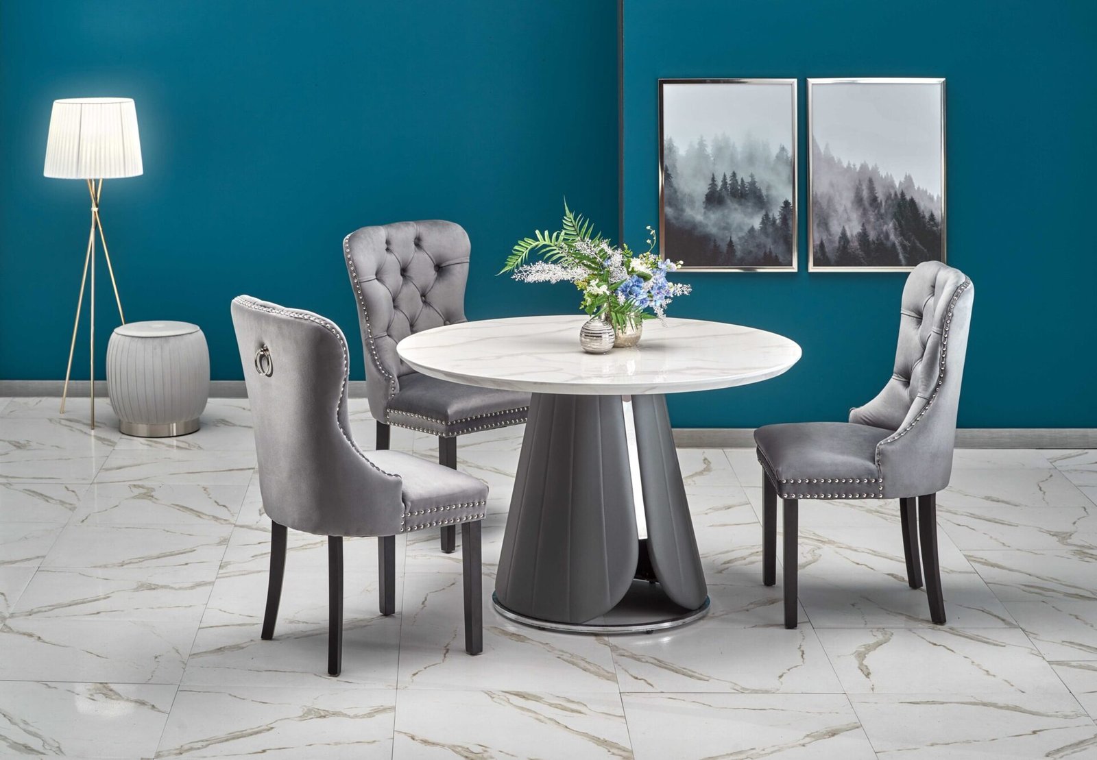 REMIGIO table, white marble, gray legs