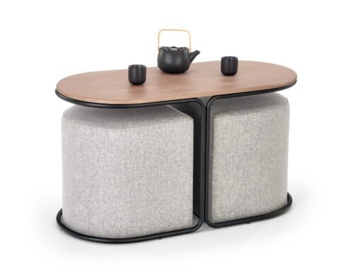 PAMPA, coffee table with poufs, table top: walnut, legs: black, pouf: gray