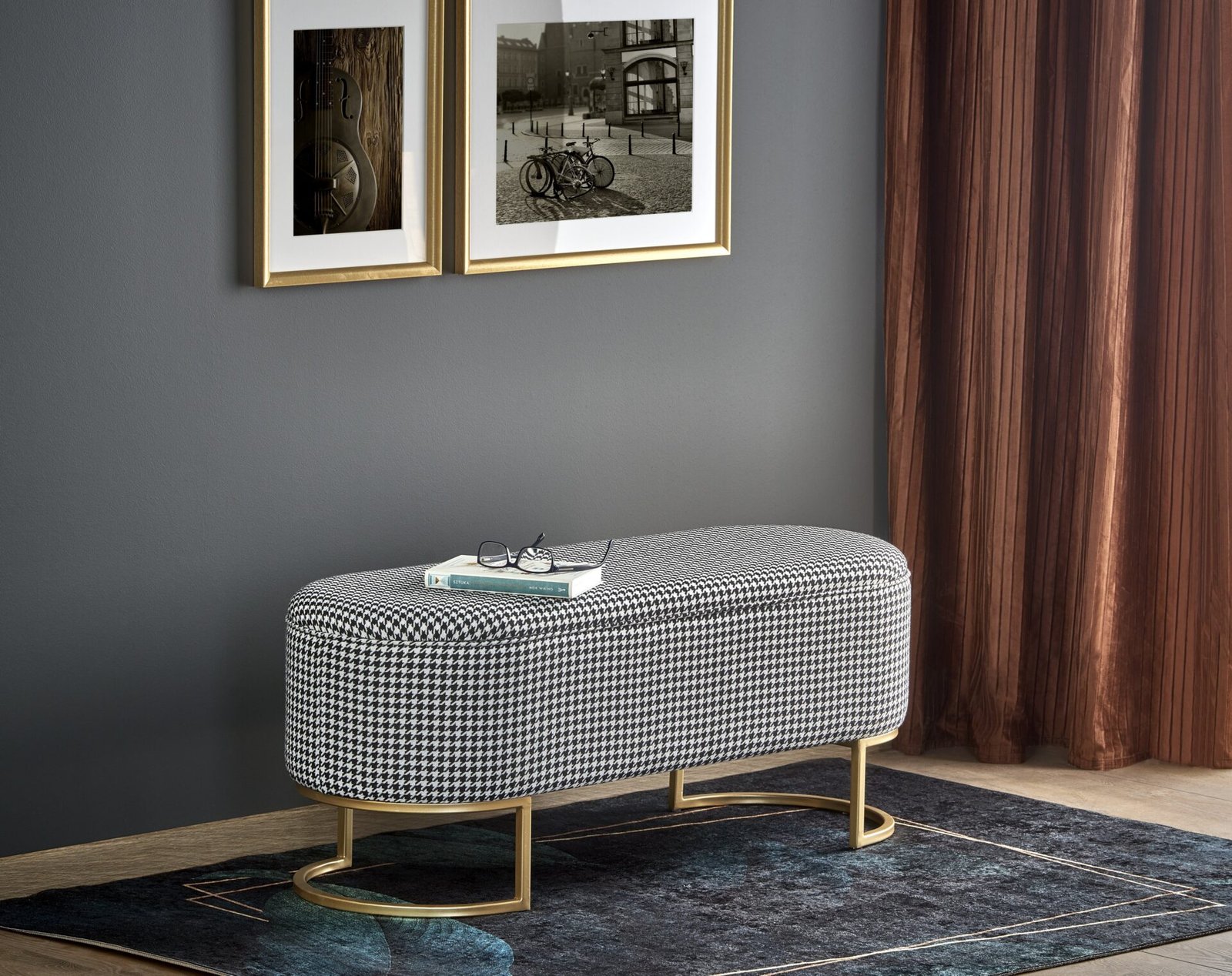 HARMONY bench with storage box, black / white / gold