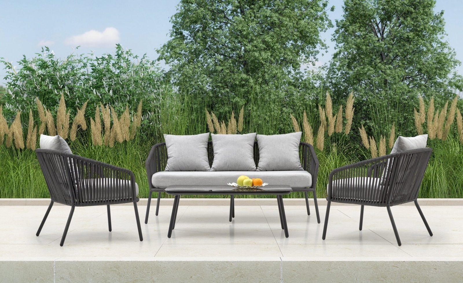 ROCCA garden furniture set (sofa + 2 armchairs + coffee table), dark gray / light gray