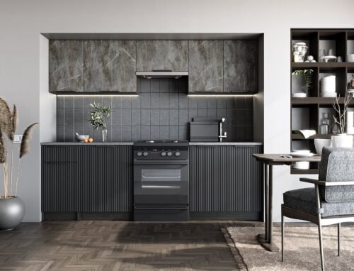 TAMARA 240 kitchen set, color: front – gray marble / black, body – charcoal wood, table top – gray