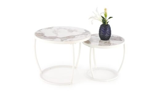 INES set of two coffee tables, beige marble / white