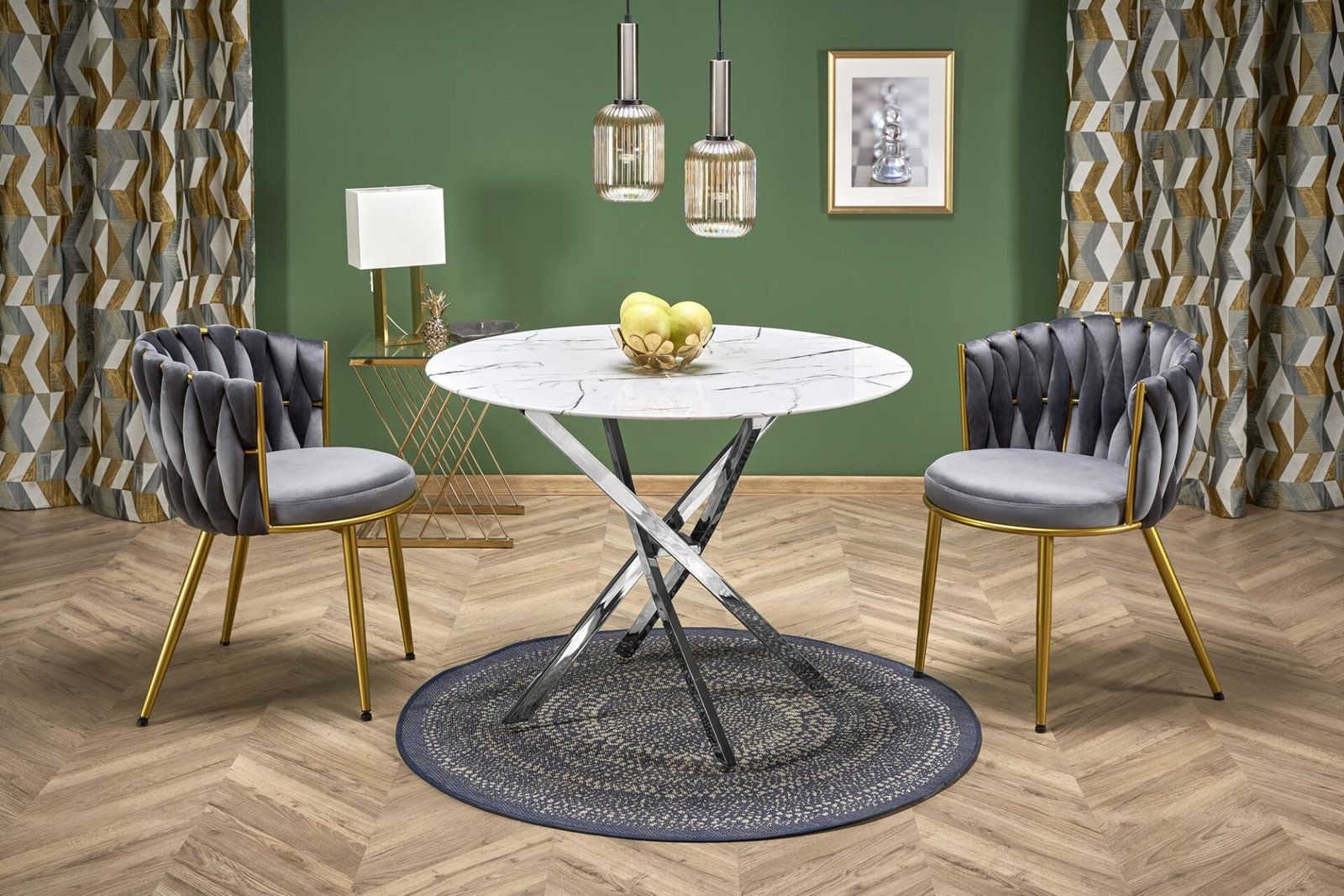 RAYMOND 2-piece table, white marble/silver
