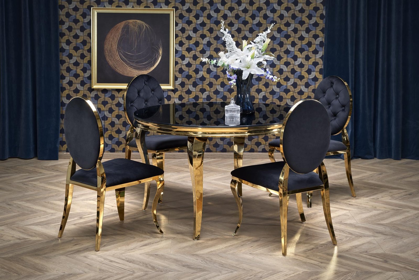 REGINALD_2 table, color: table top - black glass, legs - gold