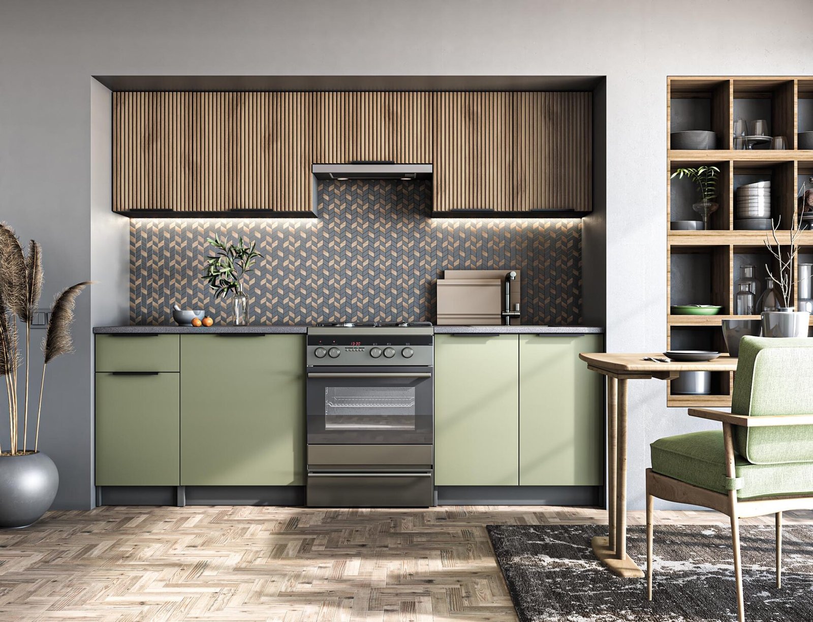 KSENIA 240 kitchen set, color: front part – light walnut / pistachio, body – anthracite, table top – gray