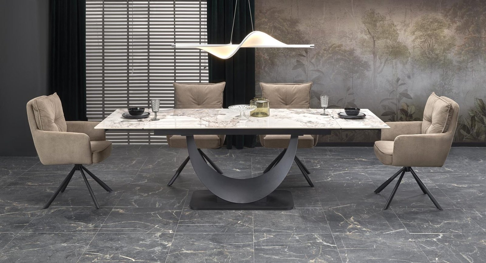 FERNANDO extendable table, white marble / black