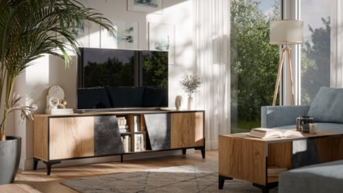 OVO TV stand, dark concrete/primitive oak