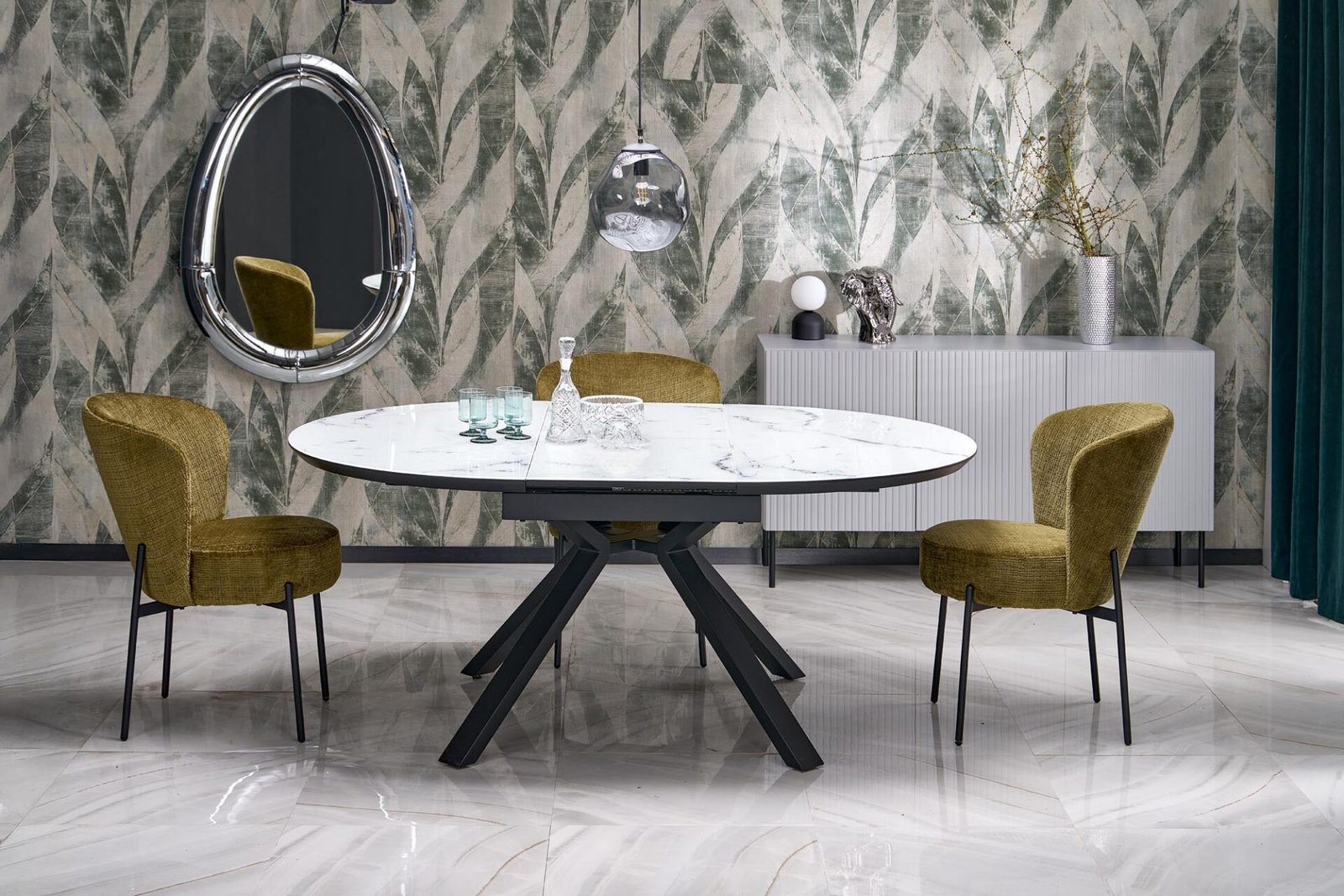 VERTIGO extendable table, color: table top - white marble, legs - black