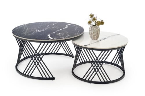 FLAMINGO coffee table set of 2, black marble / white marble / black