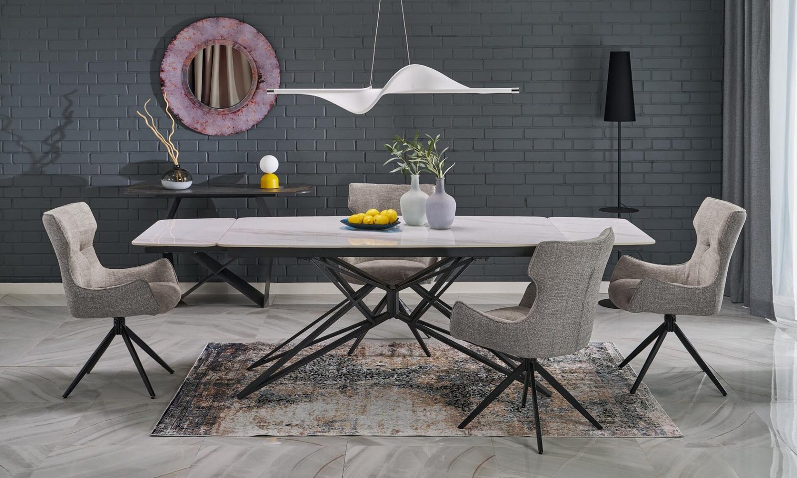 ALFREDO extendable table, white marble / black