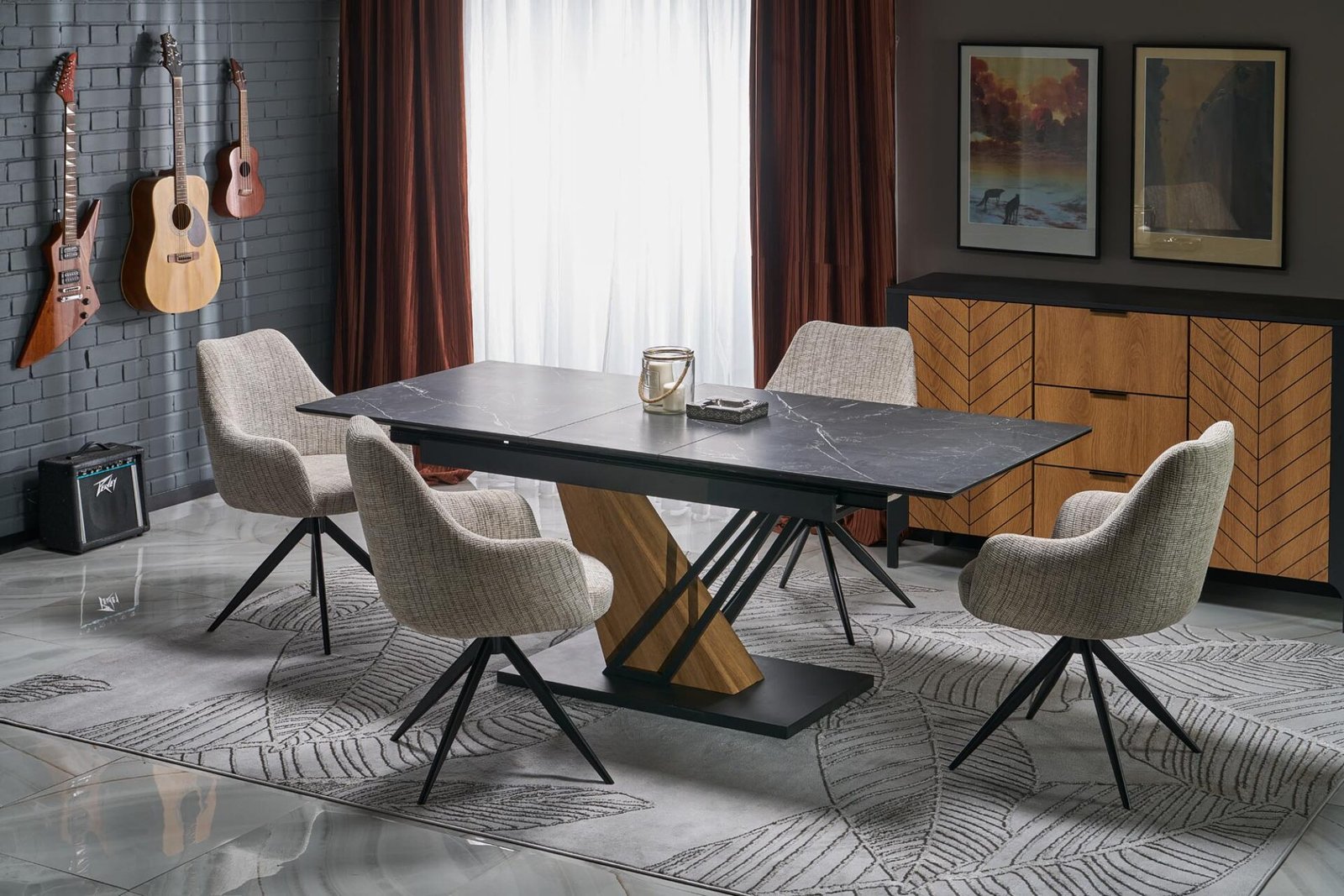 VOLANT 160 extendable table, table top - black marble, legs - golden oak / black