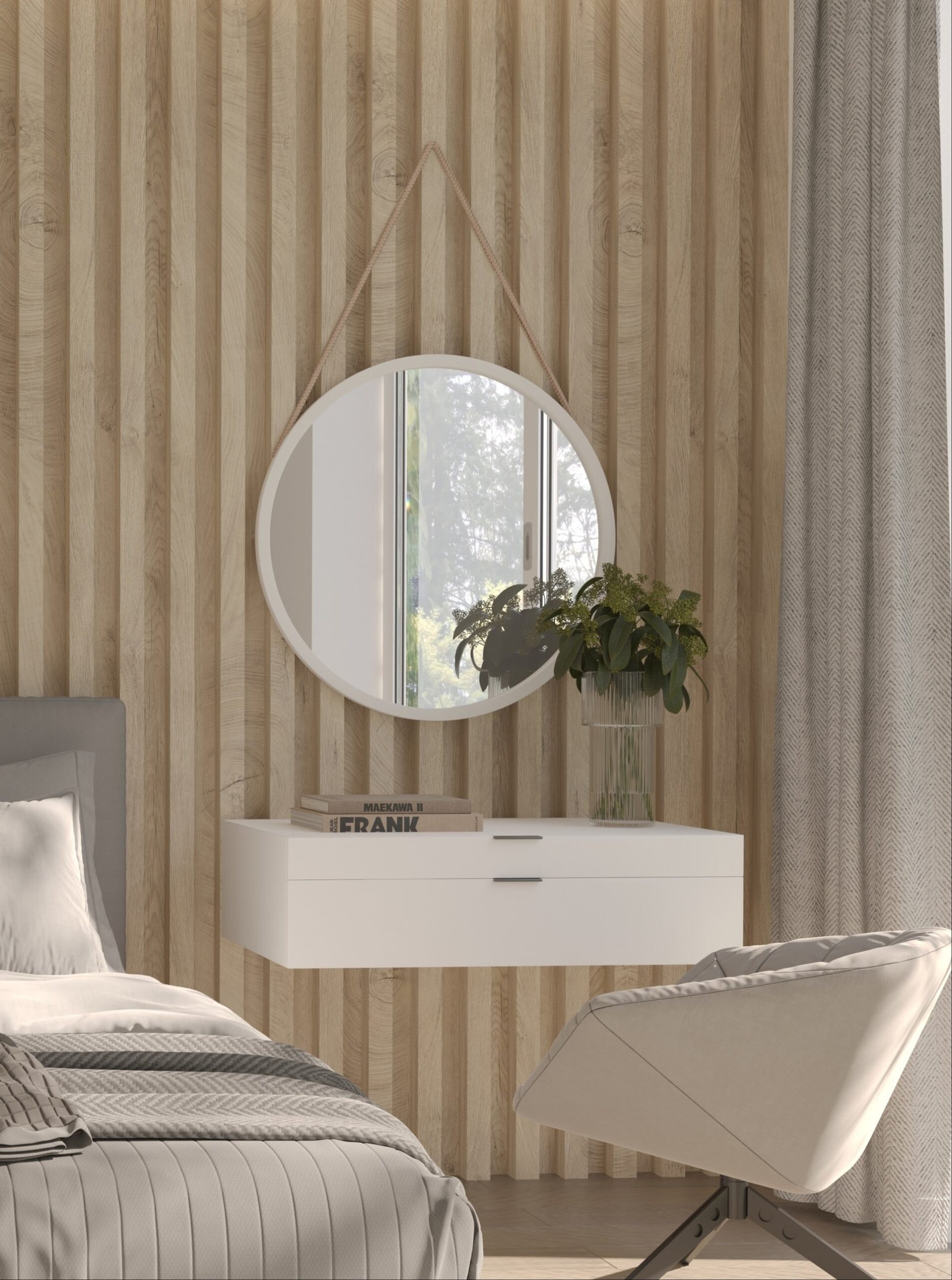 Grace round mirror on rope, 60 cm, white