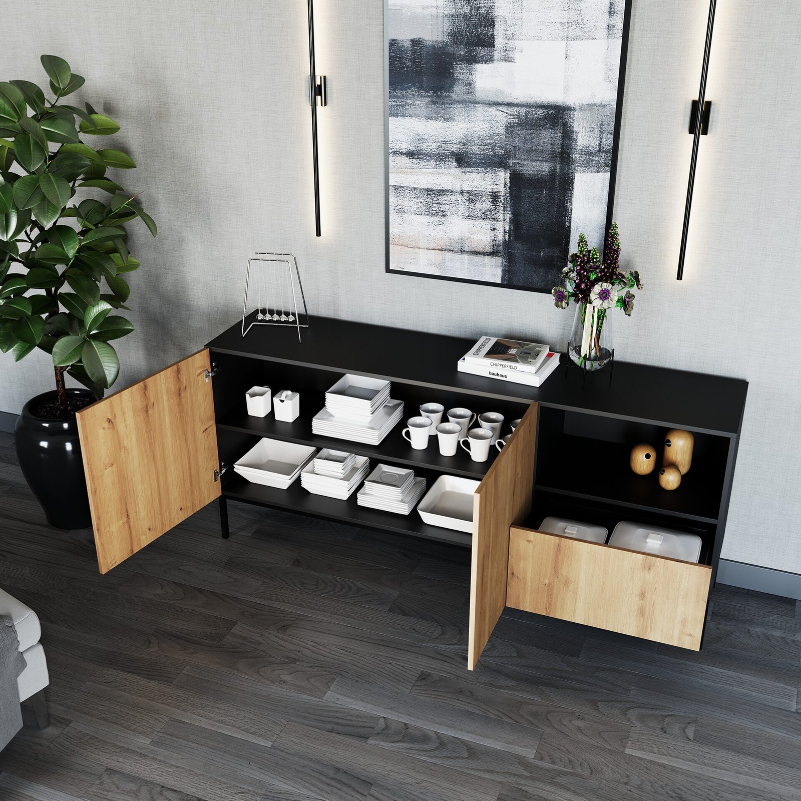 Lanzzi 180 chest of drawers, matte black/artisan oak - Image 3