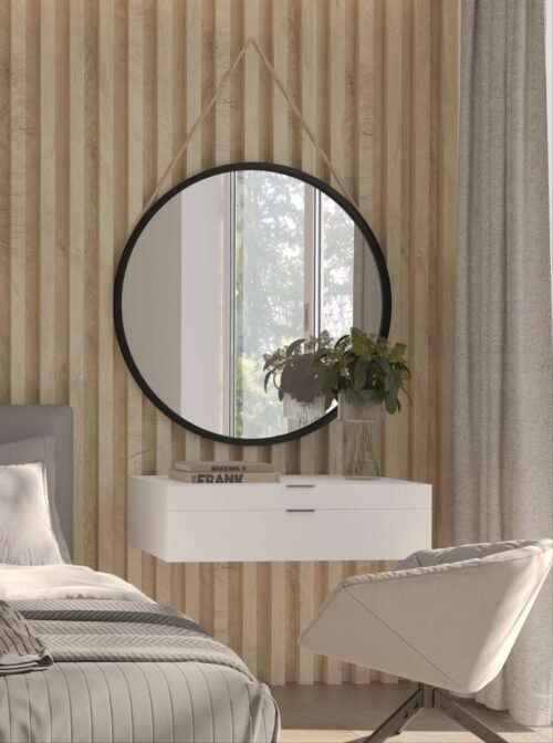 Grace round mirror on rope, 80 cm, black