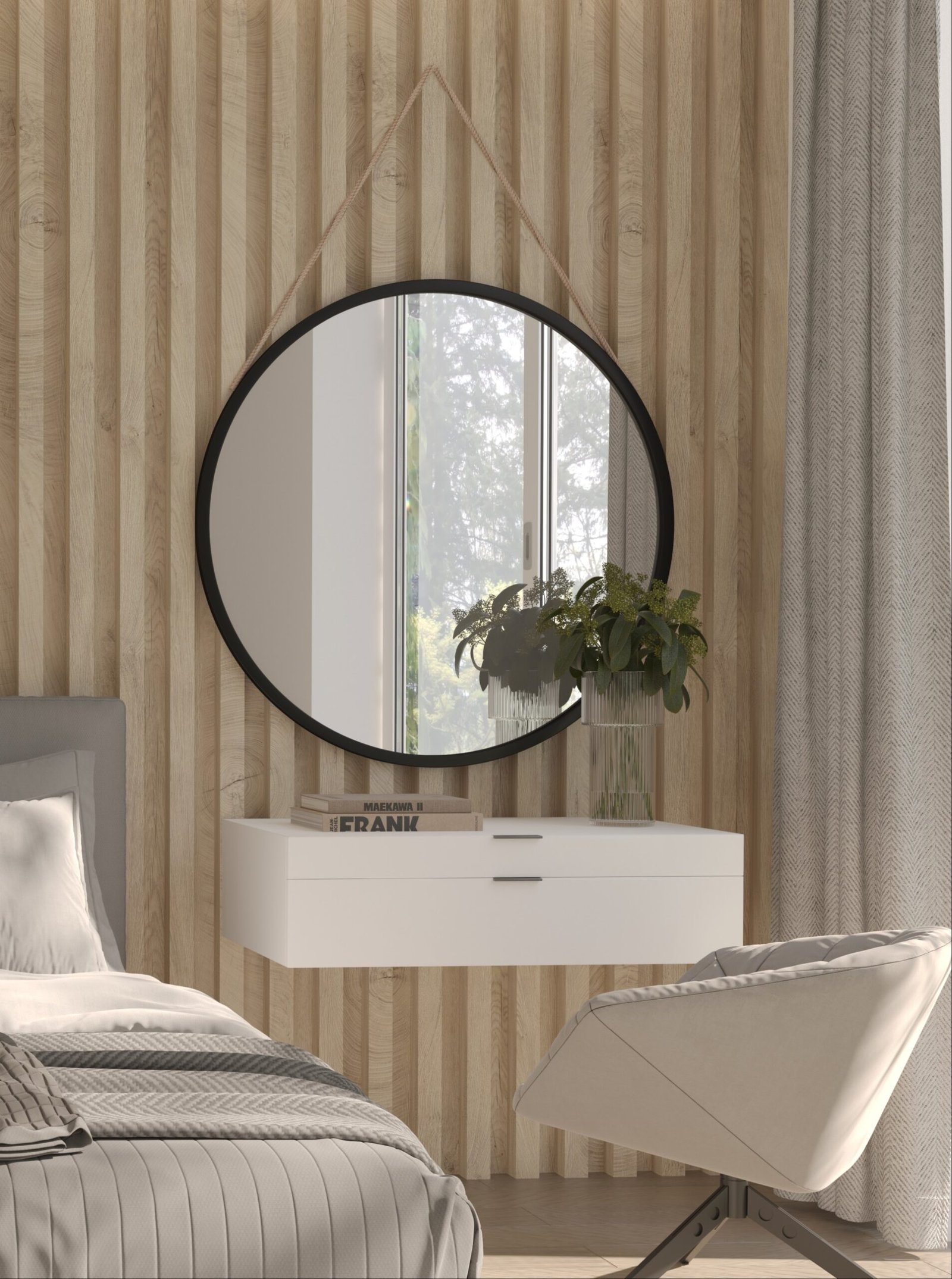 Grace round mirror on rope, 80 cm, black