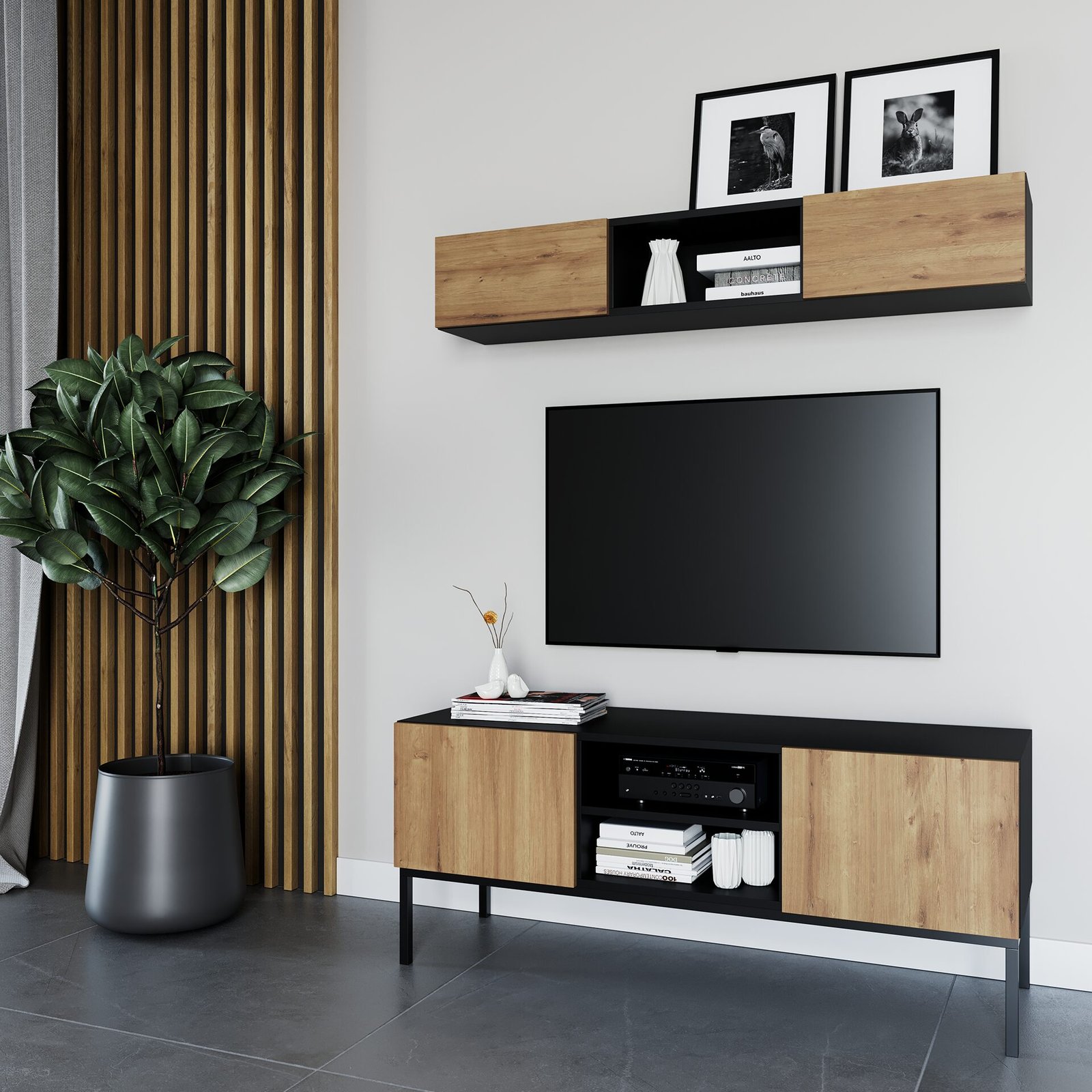 Lanzzi 120 TV stand, matte black/artisan oak - Image 2