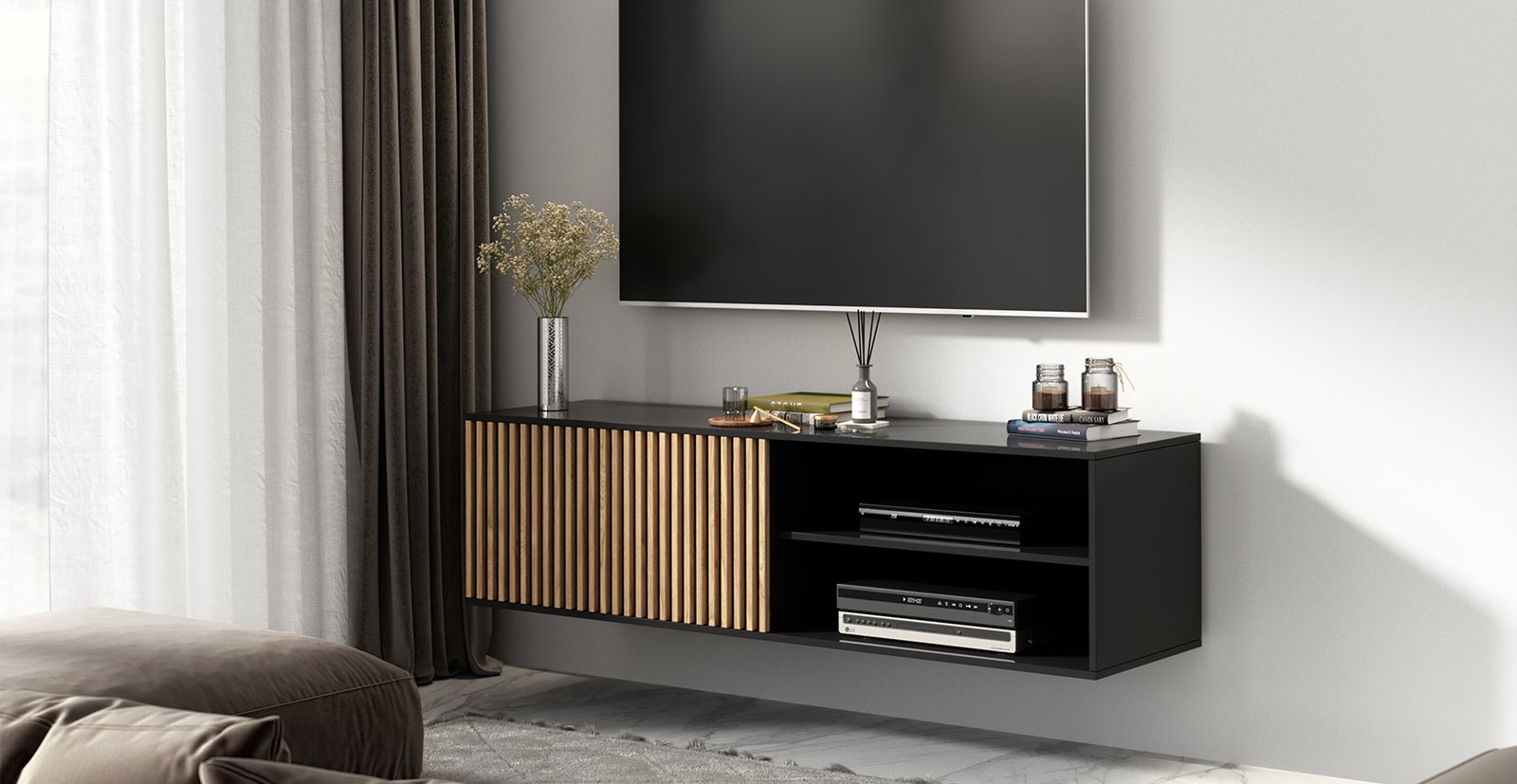 Meorati 150 wall-mounted TV cabinet, black/artisan oak - Image 2
