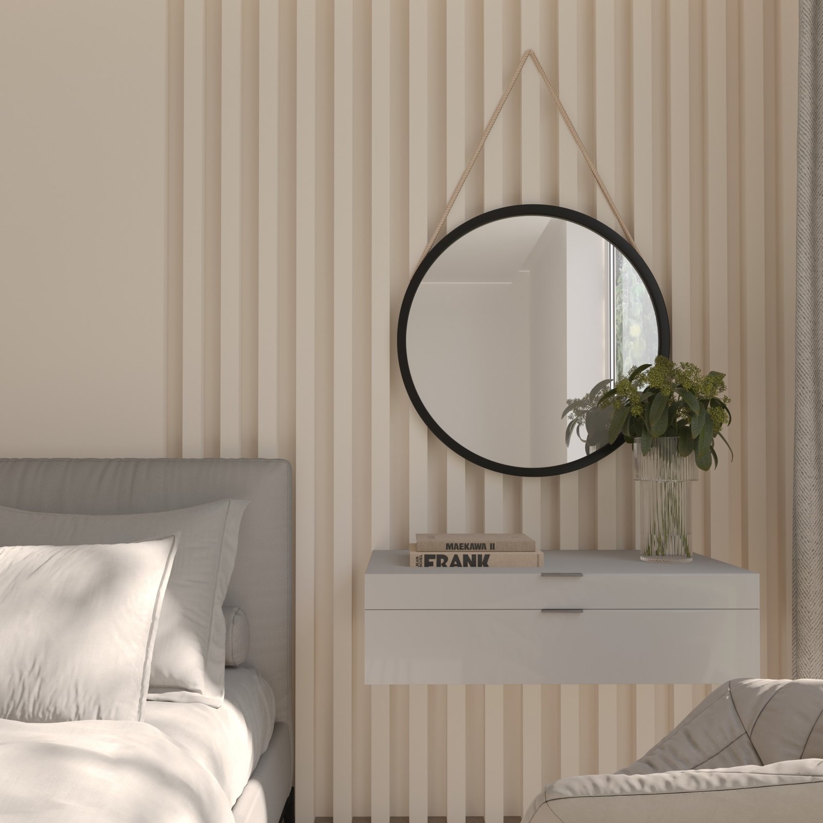 Grace round mirror on rope, 60 cm, black