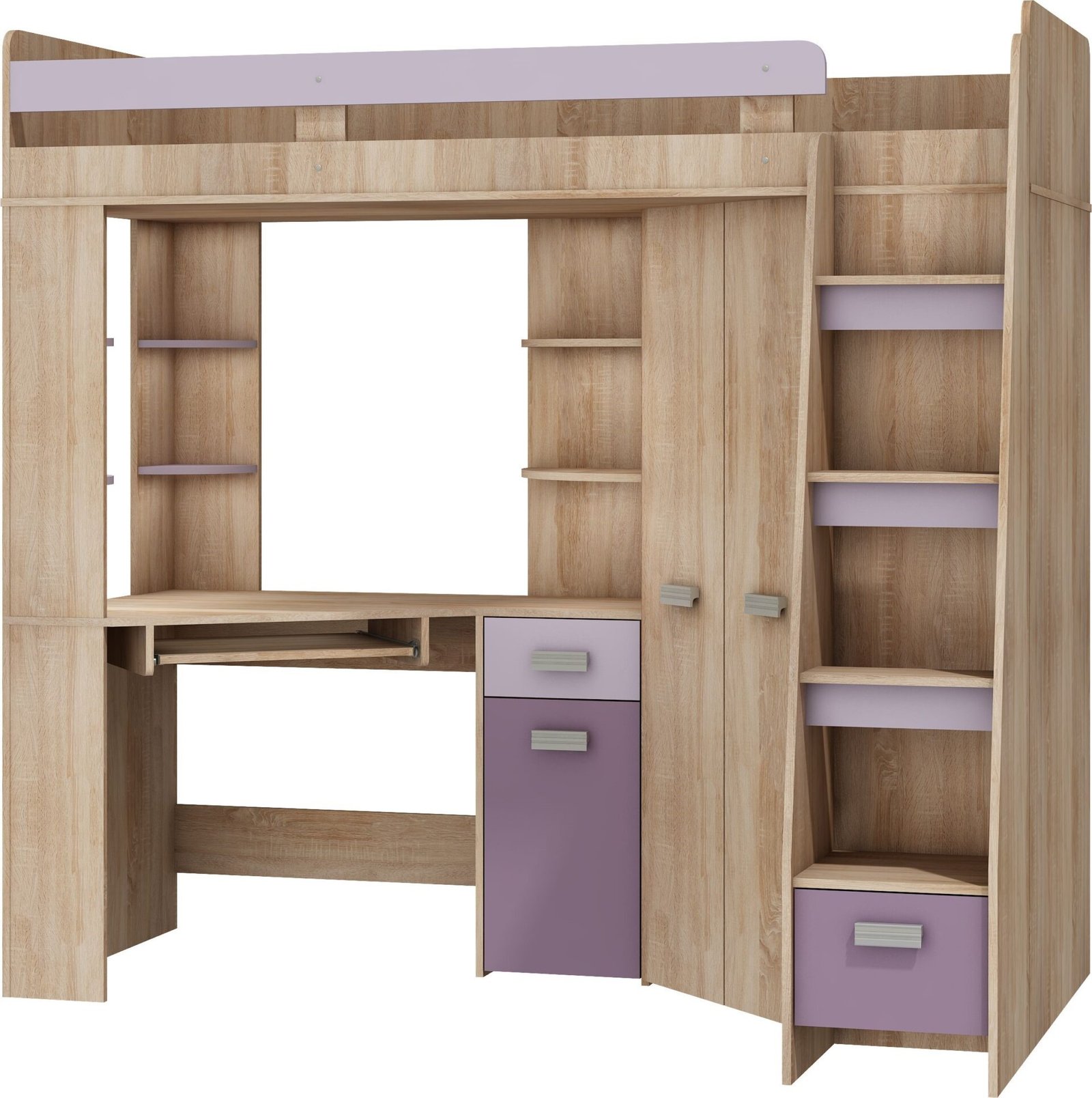 SOLA P bunk bed with table, corner wardrobe, mezzanine, Sonoma oak, purple - Image 2
