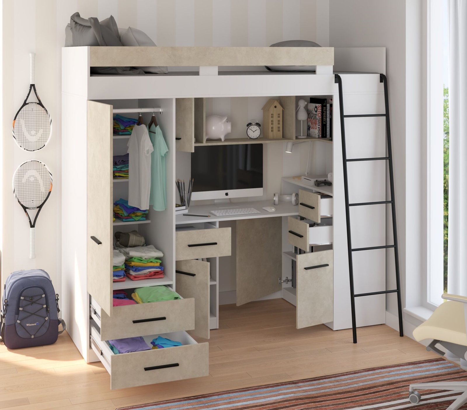 SMYK P mezzanine with desk, wardrobe and chest of drawers, white, almond color - Image 3
