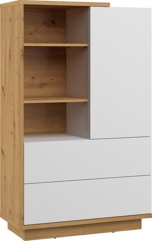HYBRID 17 low bookcase with drawers and shelves, faux oak, white glossHYBRID