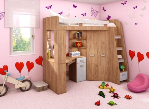 Bunk bed with table, corner wardrobe, mezzanine SOLA P craft gold white