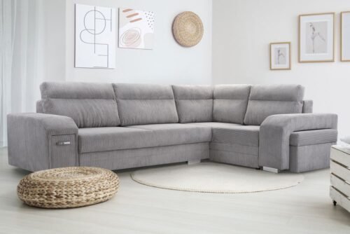 Alvares fold-out corner sofa with bar and pouf