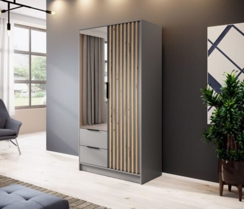 Nelly 2D wardrobe with grille, gray, with mirror