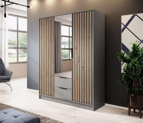 Nelly 3D wardrobe with grille, gray, with mirror