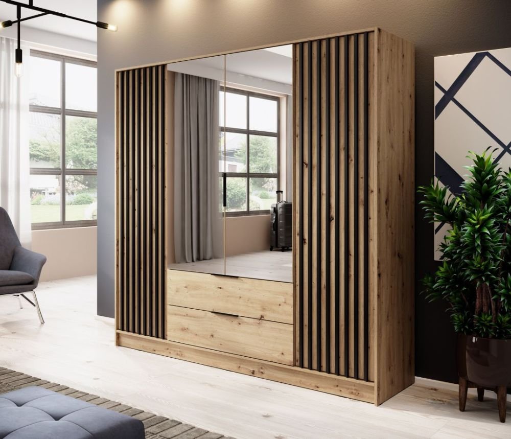 Nelly 4D wardrobe, faux oak color, with mirrors and grilles