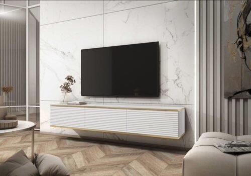 Air wall-mounted or freestanding TV cabinet 135 or 175 cm, white, grooved MDF
