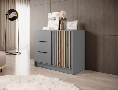 Nelly chest of drawers with 2D slats, gray