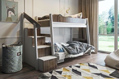 Bunk bed with stairs and storage boxes PARYS for 3 persons 90×200 cm