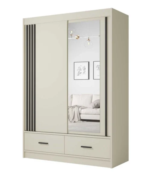 Sliding wardrobe with mirrored slats and drawers, Canada CA-150 cashmere