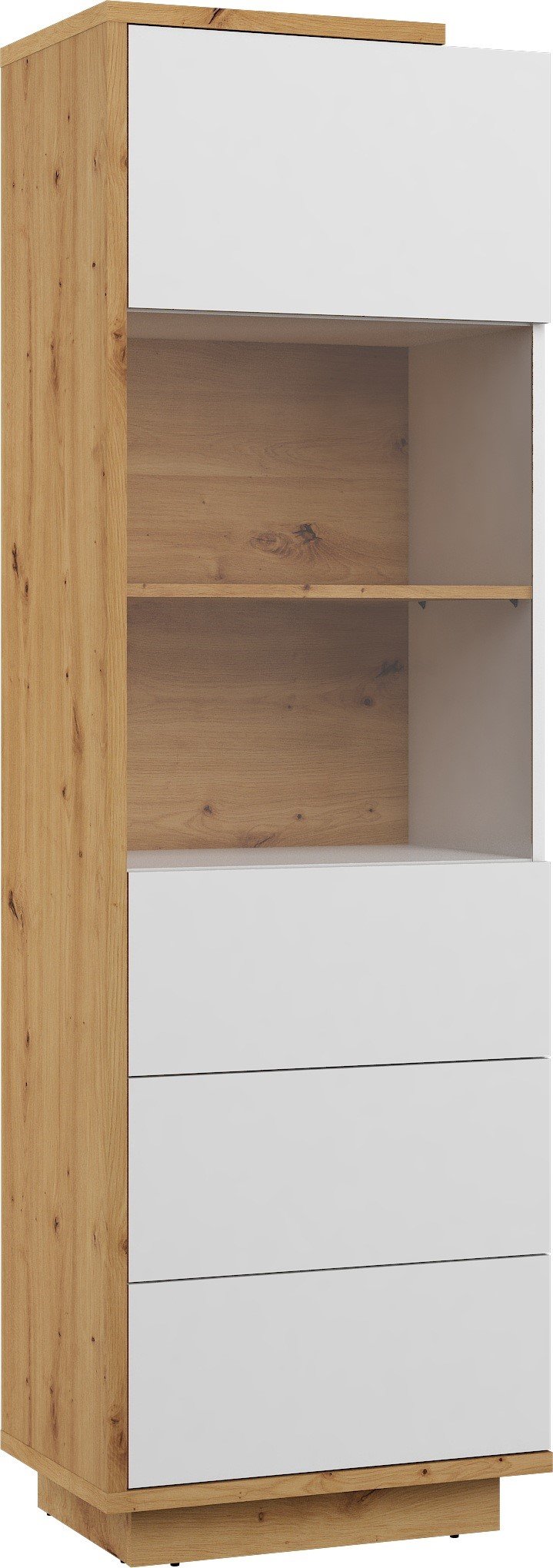HYBRID 27 furniture, tall display cabinet for living room, artificial oak color, white glossyHYBRID