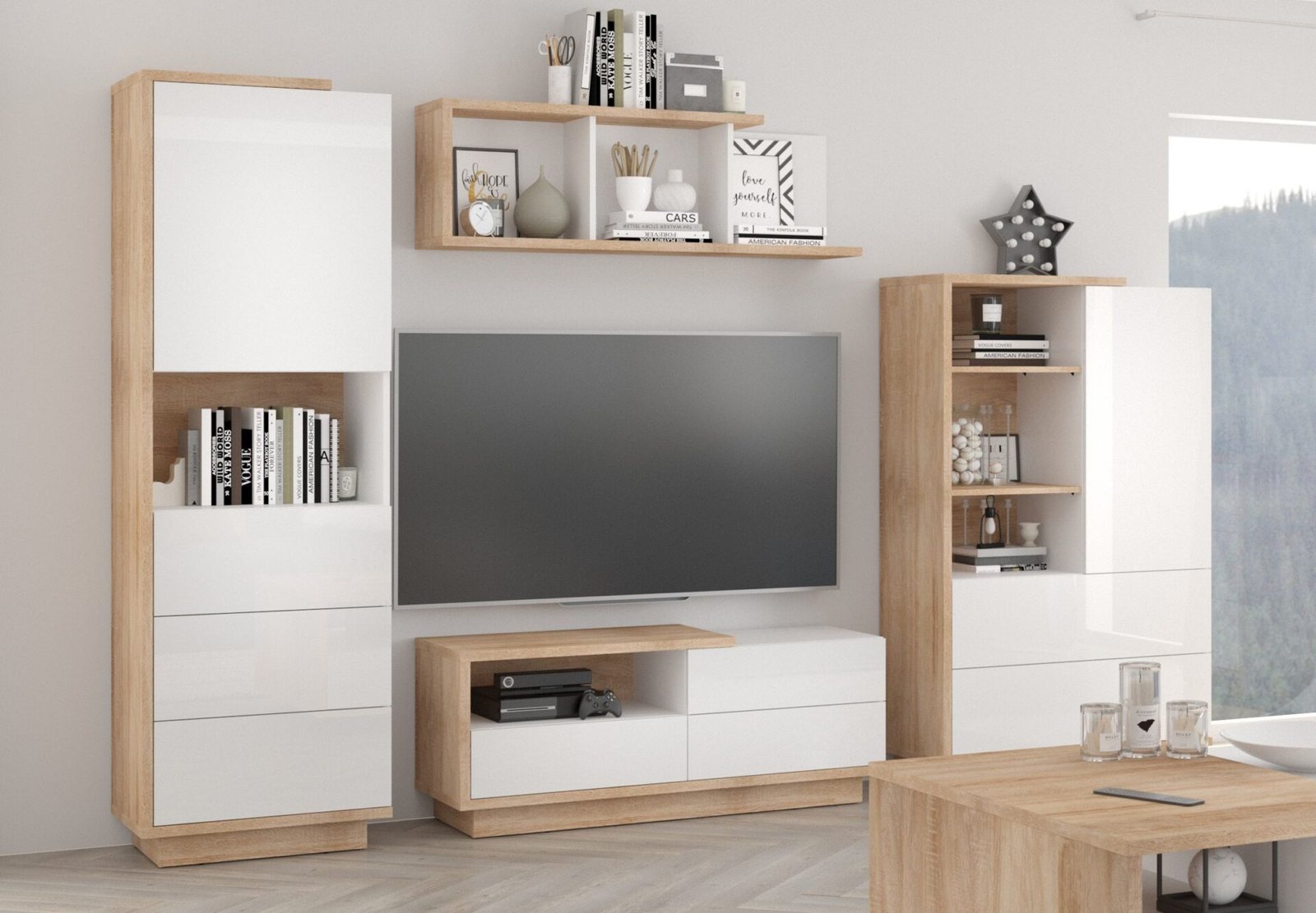 HYBRID #1 living room furniture, TV cabinet, shelf, Sonoma oak, white glossy colorHYBRID