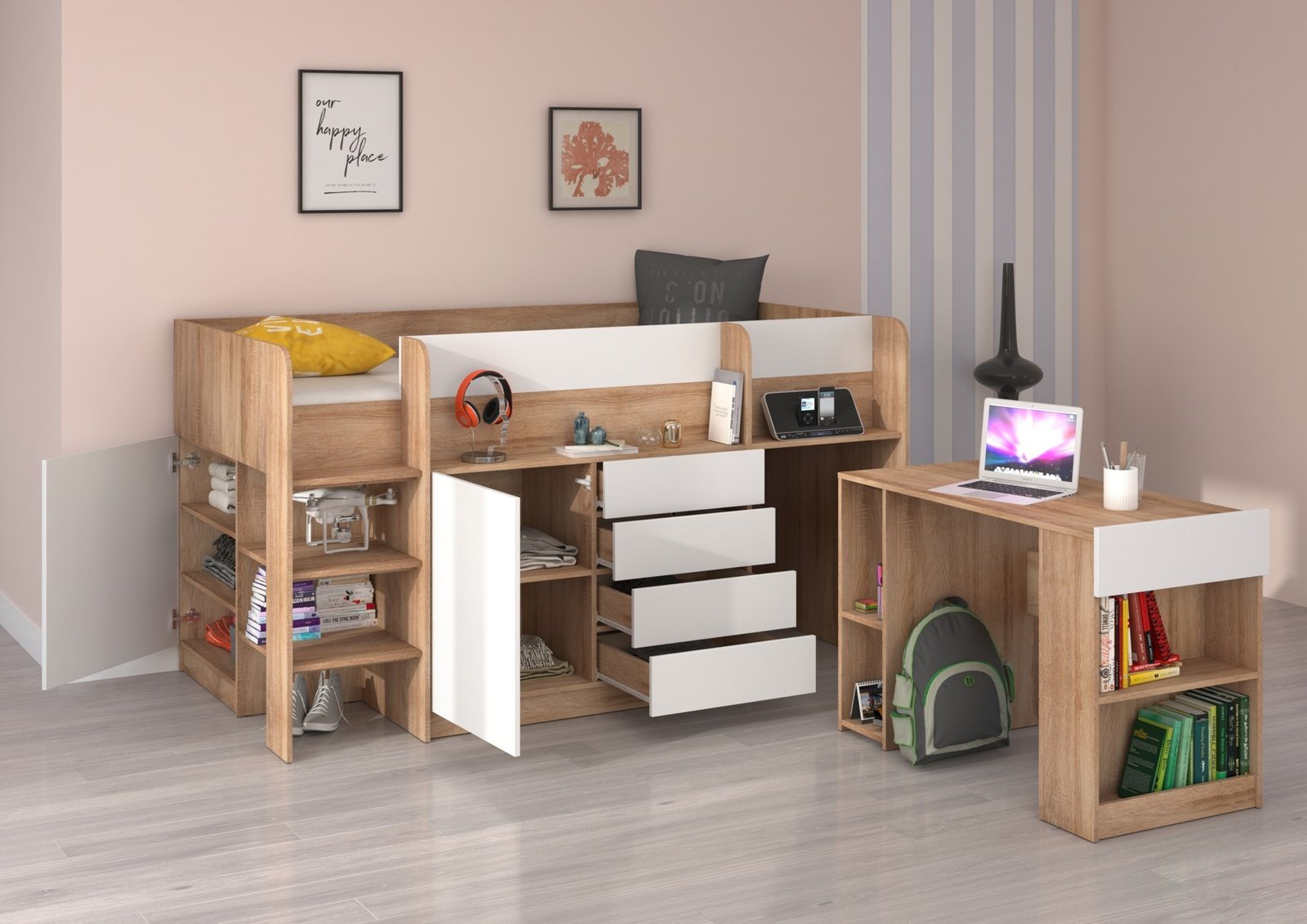 EMI L bunk bed, desk, chest of drawers, mezzanine, Sonoma oak, white - Image 4