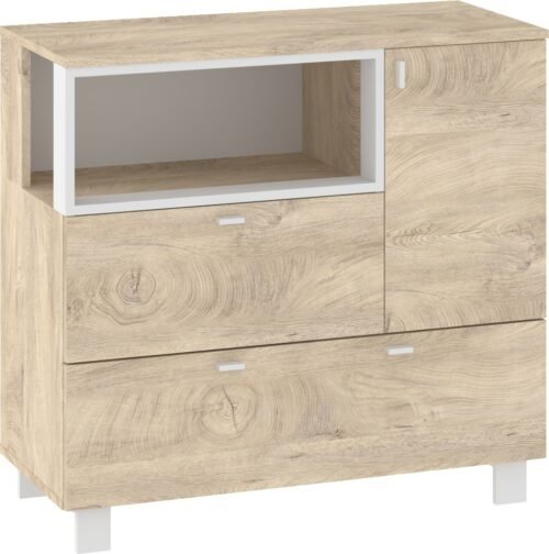 VEGAS 01 chest of drawers with legs for the living room, white oak with a corrugated pattern