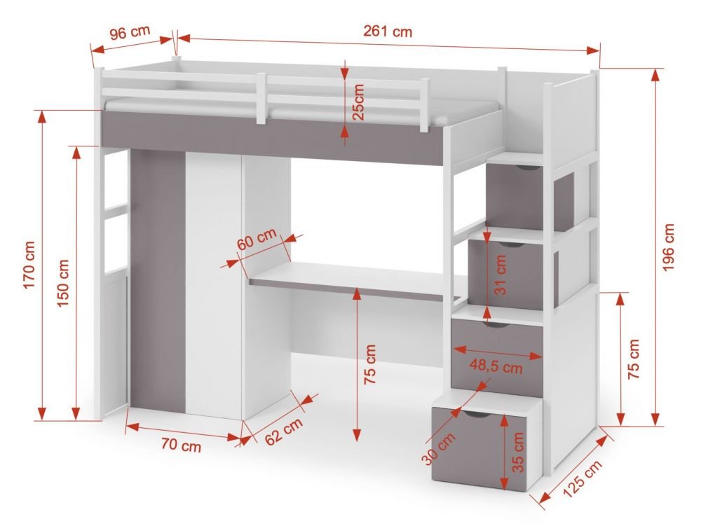 TRISTAN mezzanine with bunk bed and wardrobe and desk 90x200 cm - Image 4