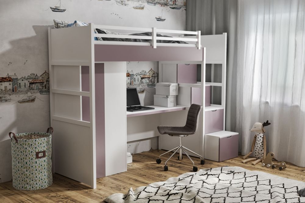 TRISTAN mezzanine with bunk bed and wardrobe and desk 90x200 cm