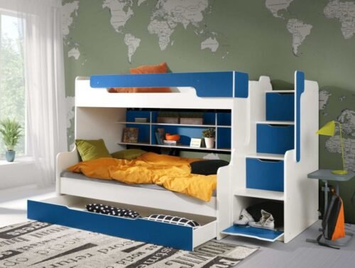 HARRY bunk bed with shelves, for 2 people, white and blue 90×200 cm