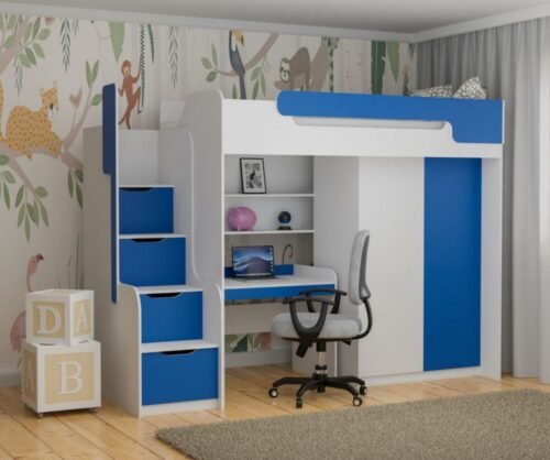 Bunk bed DORIAN I on mezzanine with wardrobe, table and shelves 90×200 cm
