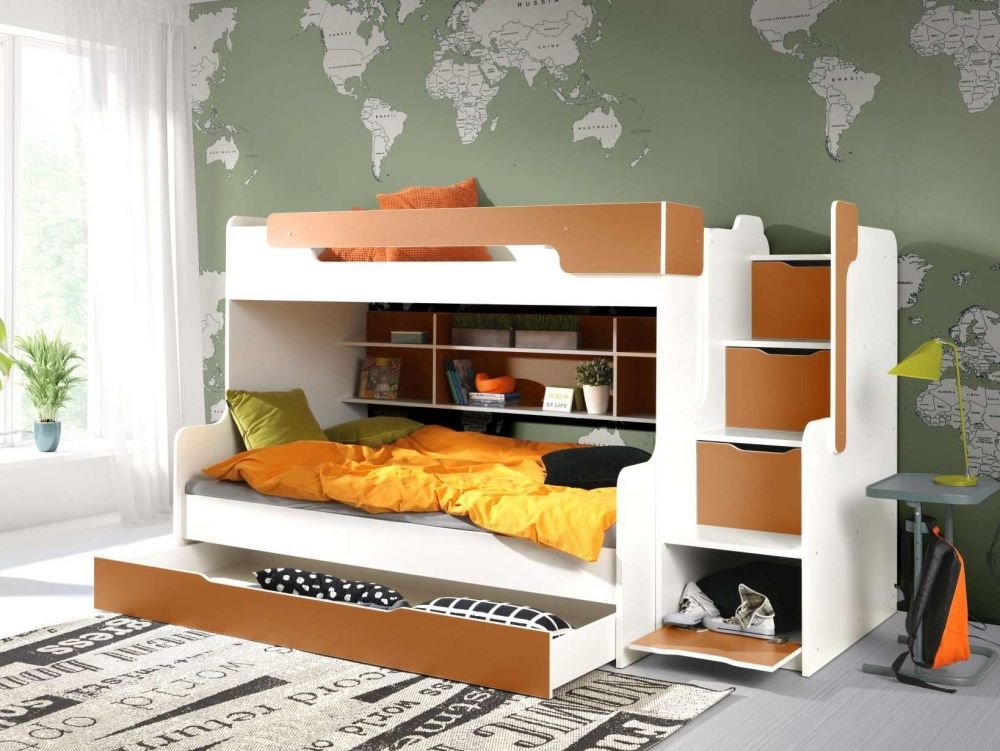 HARRY bunk bed with shelves, for 2 persons, white-orange 90x200 cm