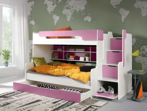 HARRY bunk bed with shelves, for 2 people, white and pink 90×200 cm