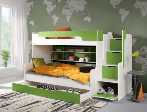 HARRY bunk bed with shelves, for 2 people, white and green 90×200 cm